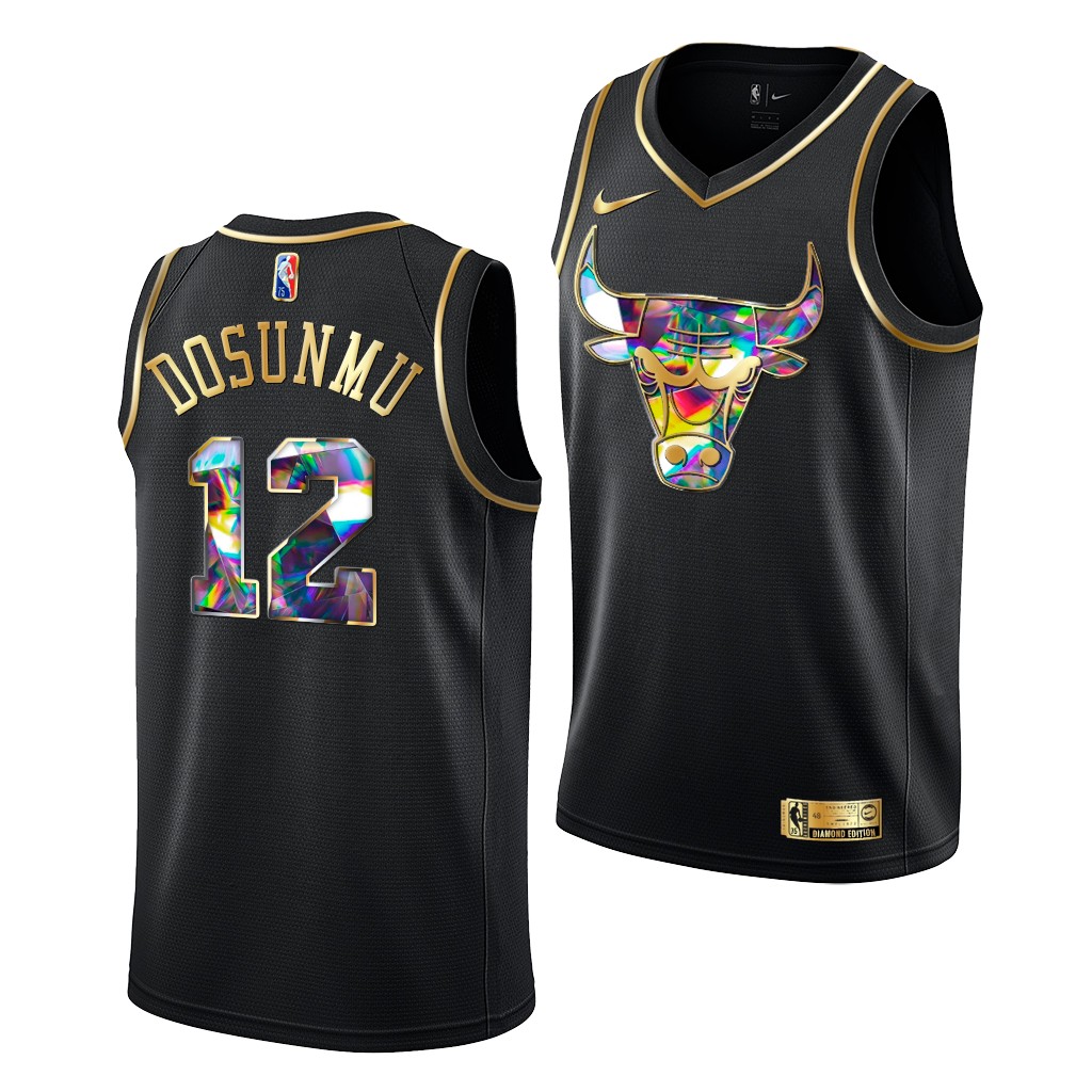 2021 NBA Draft Ayo Dosunmu #12 Bulls Diamond Logo Black Jersey Golden Edition