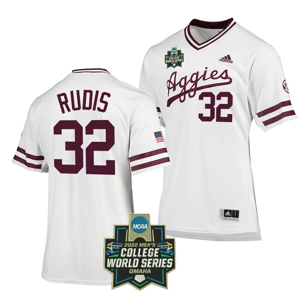 2022 College World Series Texas A&M Aggies Brad Rudis #32 White SEC Baseball Jersey Men