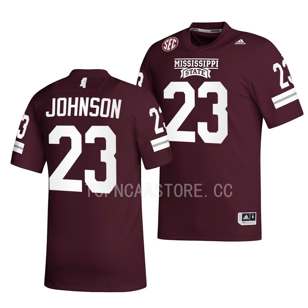 2022 Egg Bowl Champs Dillon Johnson Mississippi State Bulldogs #23 Maroon Premier Football Jersey Men’s