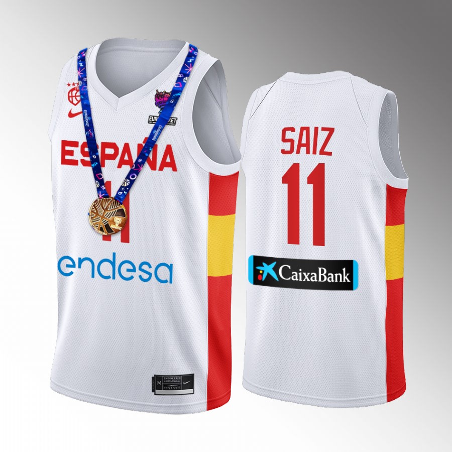 2022 FIBA EuroBasket Champions Spain #11 Sebas Saiz Men Jersey White  Gold Medal