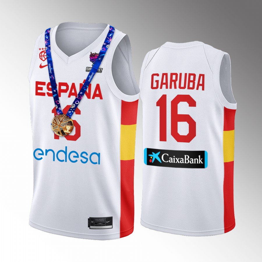 2022 FIBA EuroBasket Champions Spain #16 Usman Garuba Men Jersey White  Gold Medal