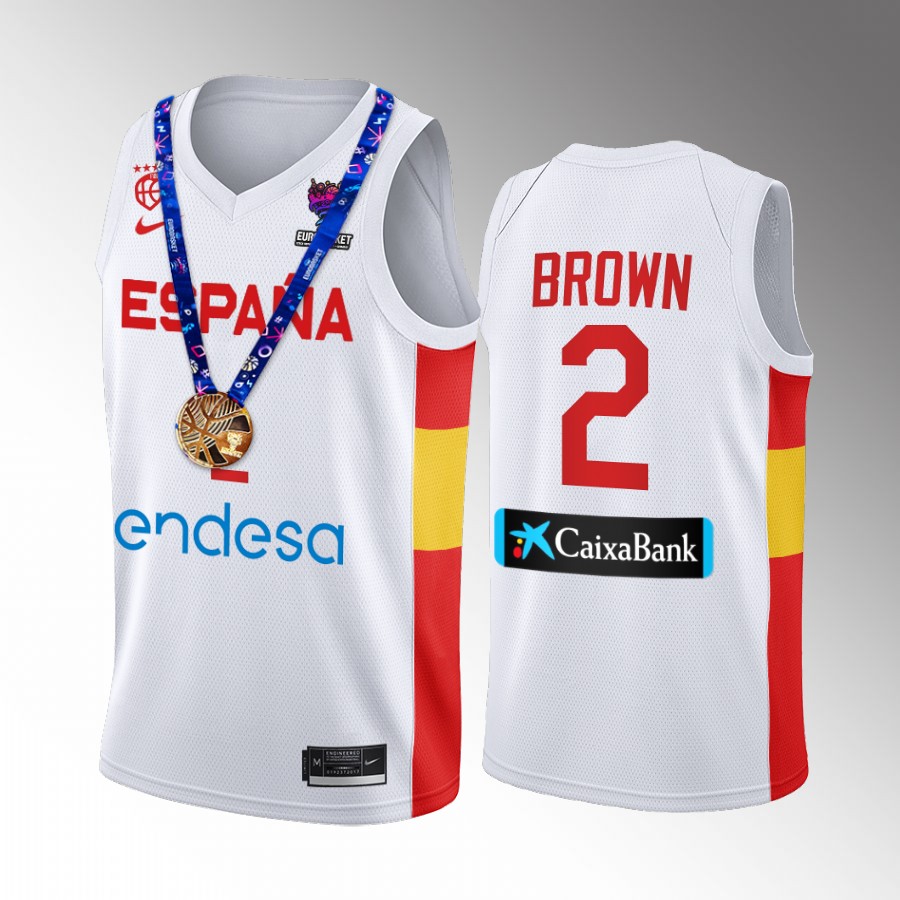 2022 FIBA EuroBasket Champions Spain #2 Lorenzo Brown Men Jersey White  Gold Medal