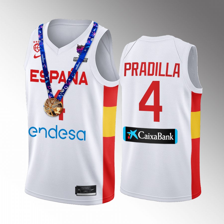 2022 FIBA EuroBasket Champions Spain #4 Jaime Pradilla Men Jersey White  Gold Medal