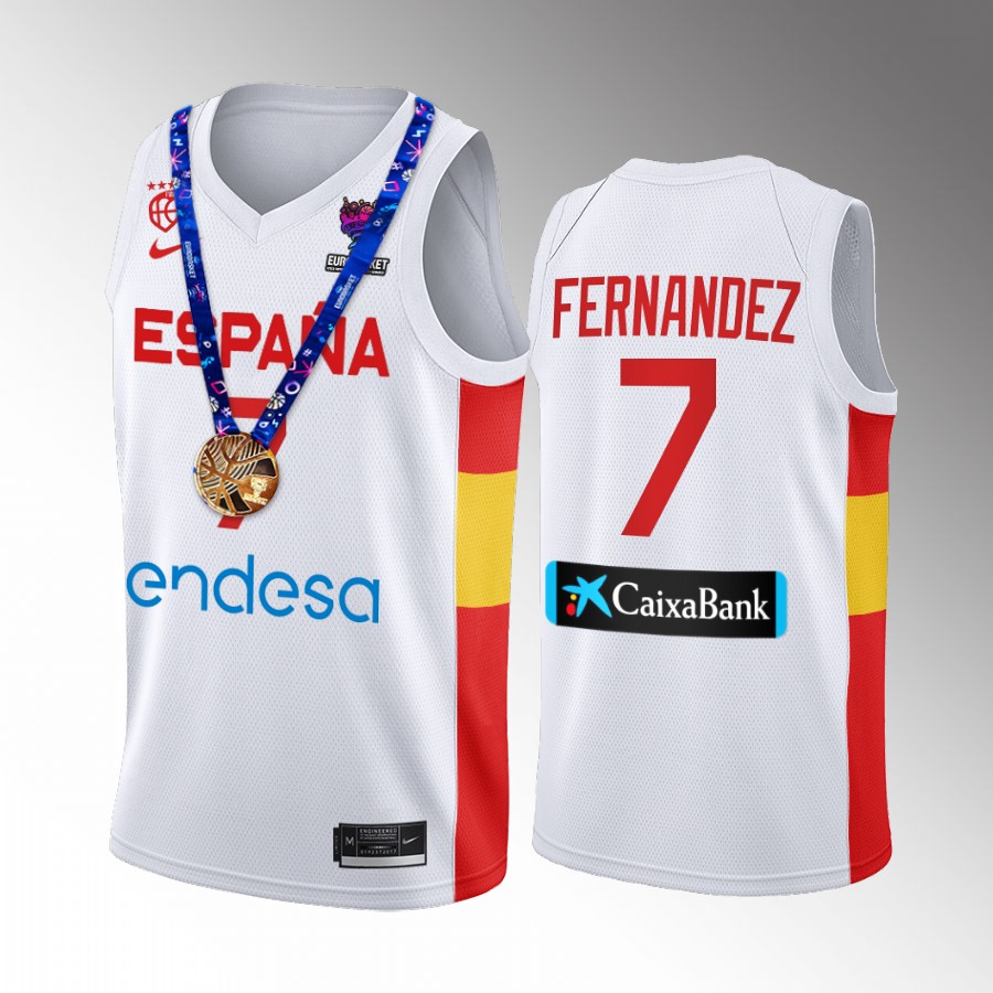 2022 FIBA EuroBasket Champions Spain #7 Jaime Fernandez Men Jersey White  Gold Medal
