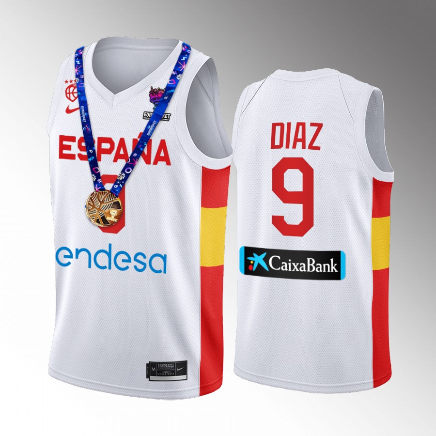 2022 FIBA EuroBasket Champions Spain #9 Alberto Diaz Men Jersey White  Gold Medal