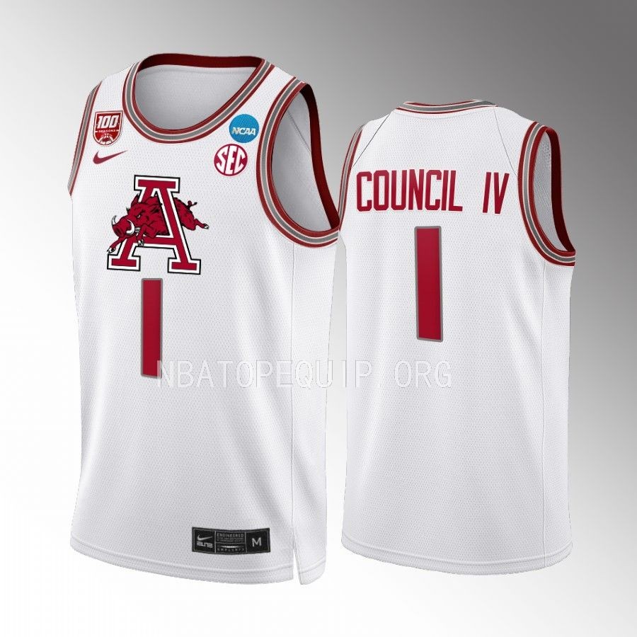2023 NCAA March Madness Ricky Council IV Arkansas Razorbacks White #1 Jersey Mens
