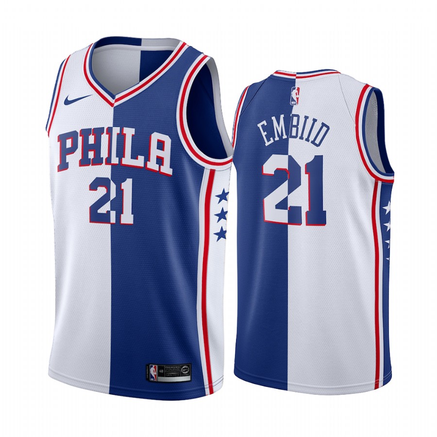76ers Joel Embiid 2021-22 Split Edition White Blue Jersey Big Scorer