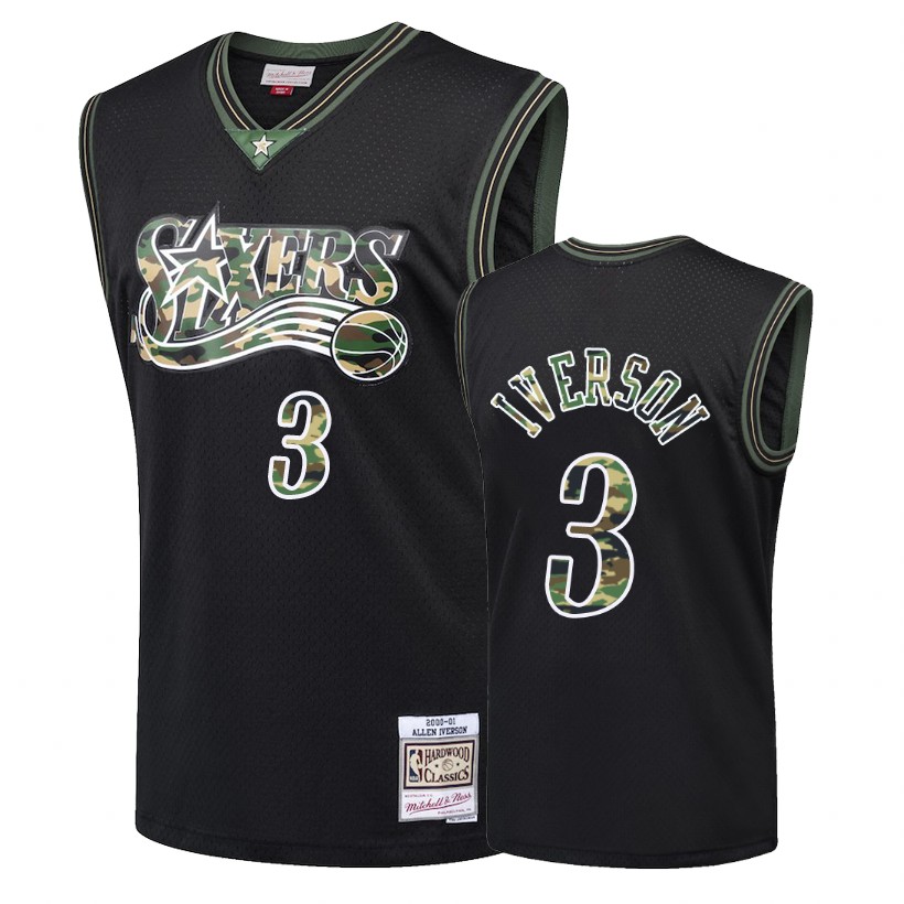 76ers Male Allen Iverson #3 Straight Fire Camo Black Jersey