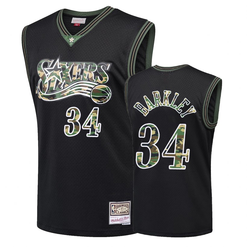 76ers Male Charles Barkley #34 Straight Fire Camo Black Jersey