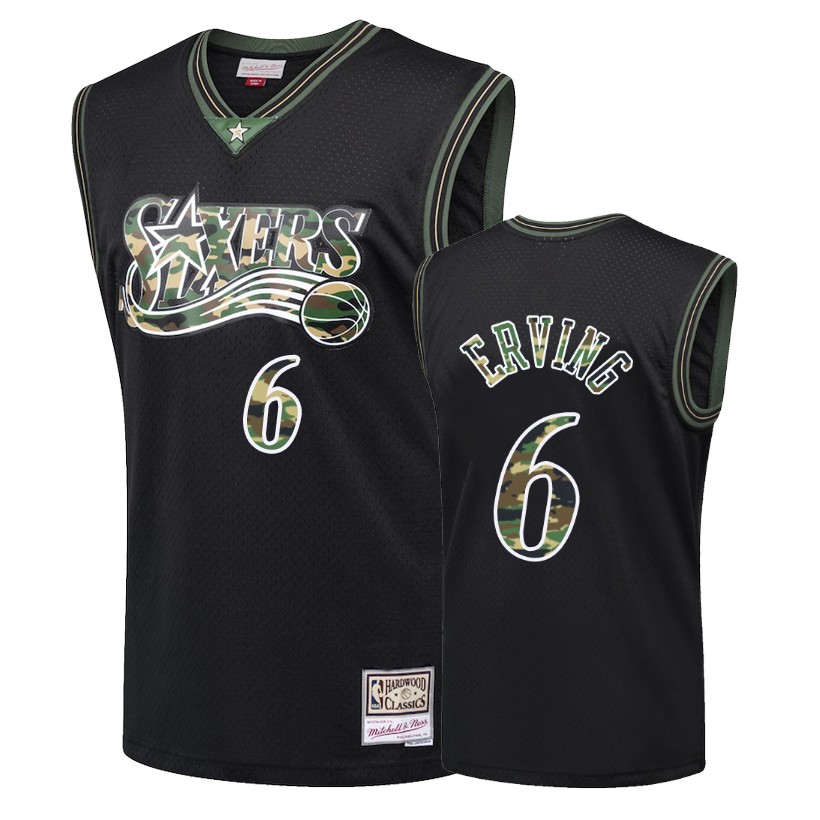 76ers Male Julius Erving #6 Straight Fire Camo Black Jersey