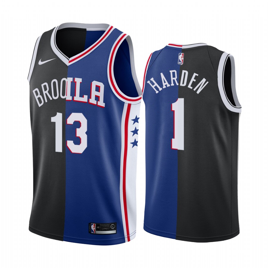 76ers X Nets James Harden Dual Teams Split #1 2022 Trade Blue Black Jersey