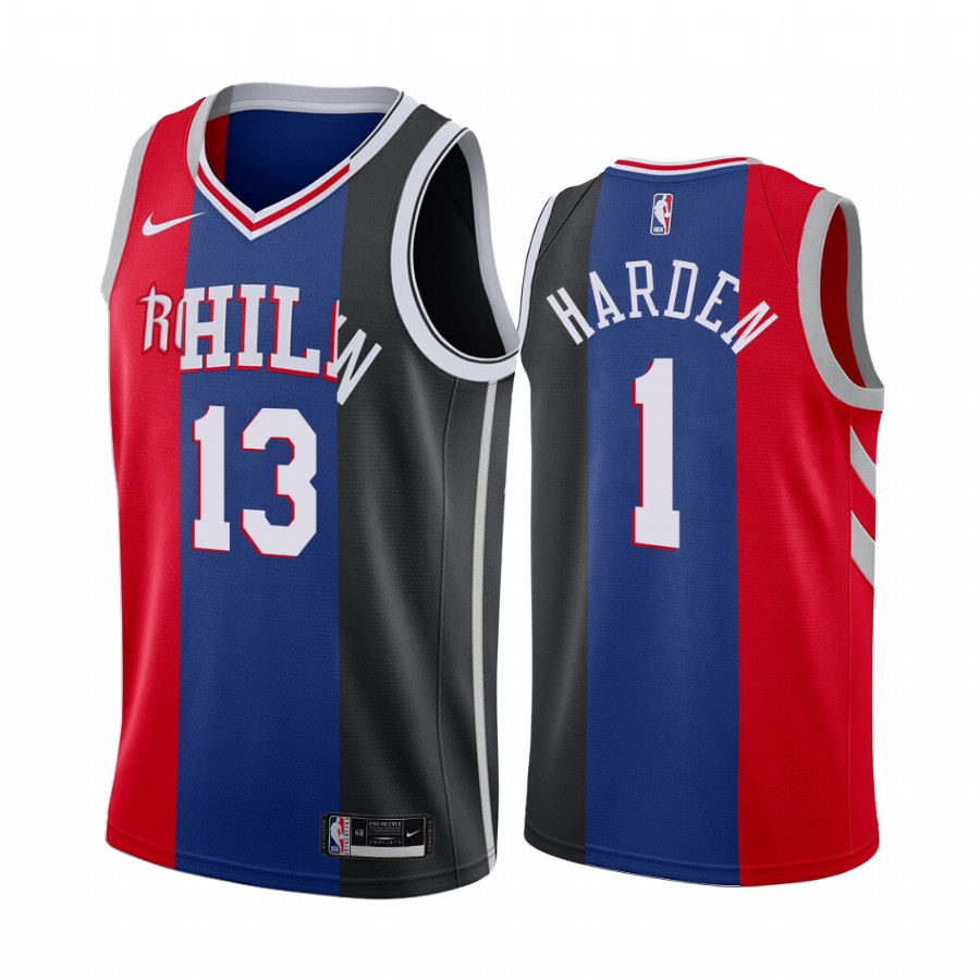 76ers X Nets X Rockets James Harden Triple Teams Split #1 2022 Limited Edition Blue Black Red Jersey