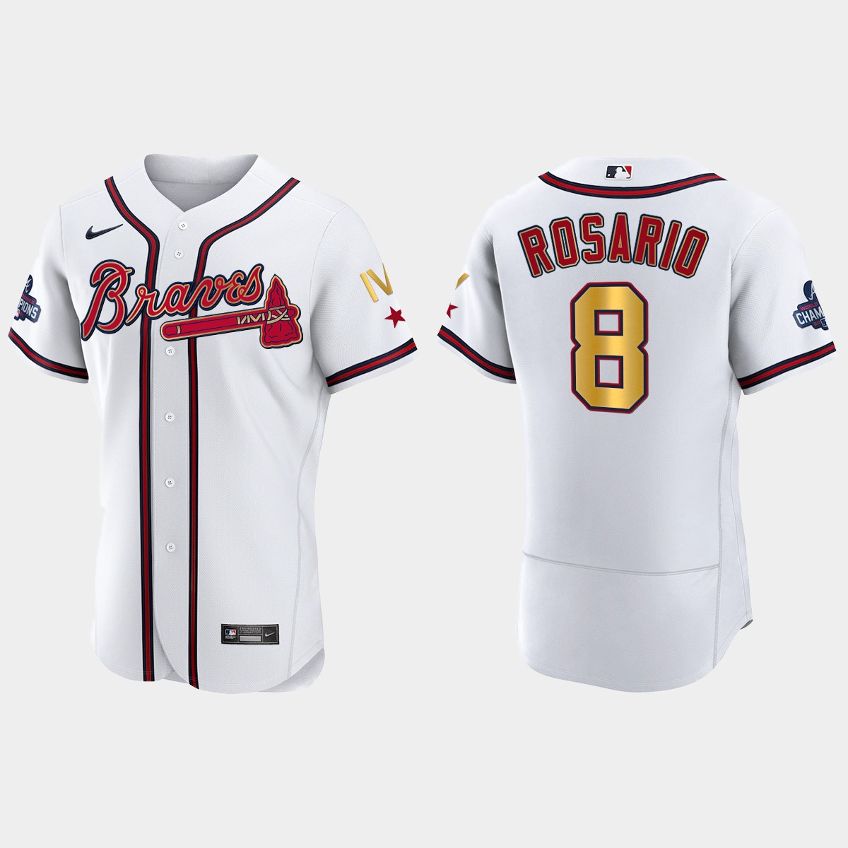 Atlanta Braves Eddie Rosario 2022 Gold Program White Braves 4-Time World Series Champions Jersey