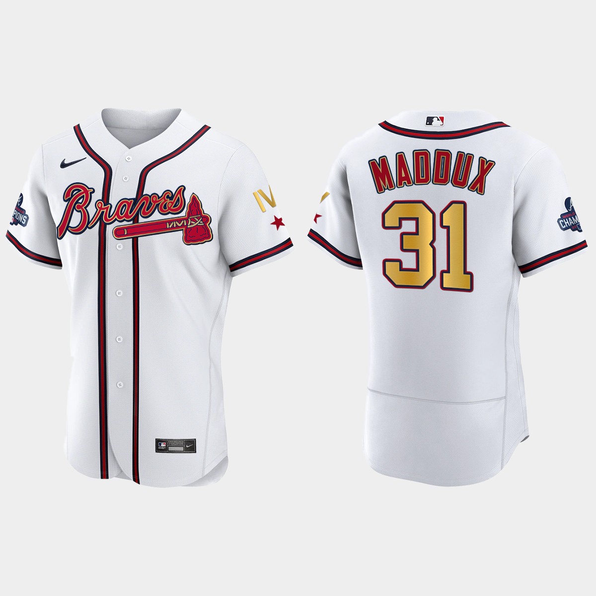 Atlanta Braves Greg Maddux 2022 Gold Program White Braves 4-Time World Series Champions Jersey