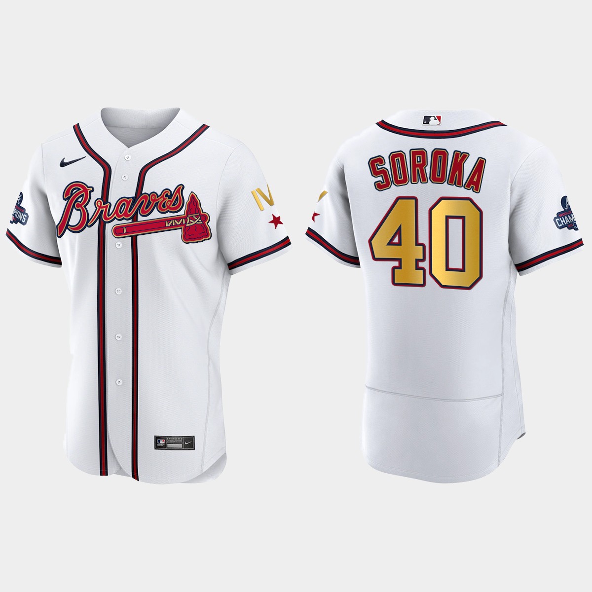 Atlanta Braves Mike Soroka 2022 Gold Program White Braves 4-Time World Series Champions Jersey