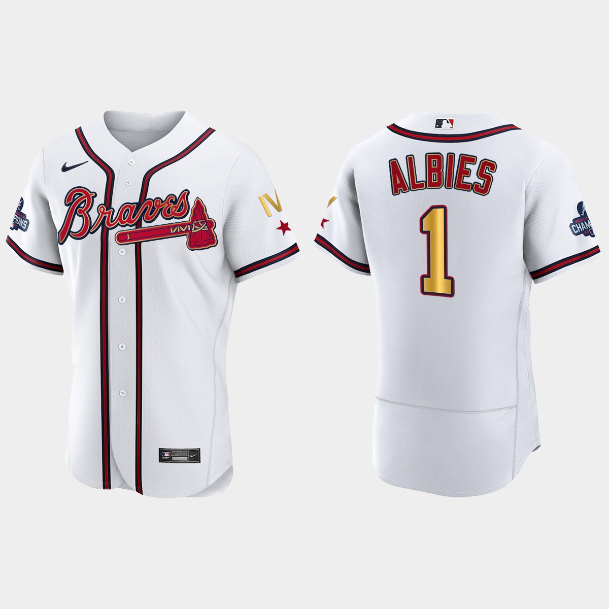 Atlanta Braves Ozzie Albies 2022 Gold Program White Braves 4-Time World Series Champions Jersey