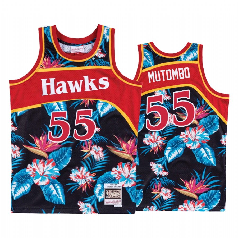 Atlanta Hawks Dikembe Mutombo Black Hardwood Classics Floral Fashion Jersey #55