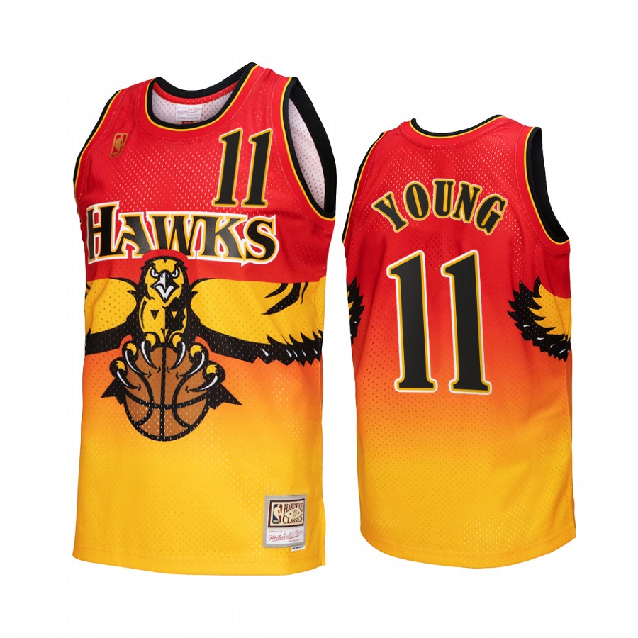 Atlanta Hawks Trae Young Gold Red Fadeaway Men Jersey Hardwood Classics