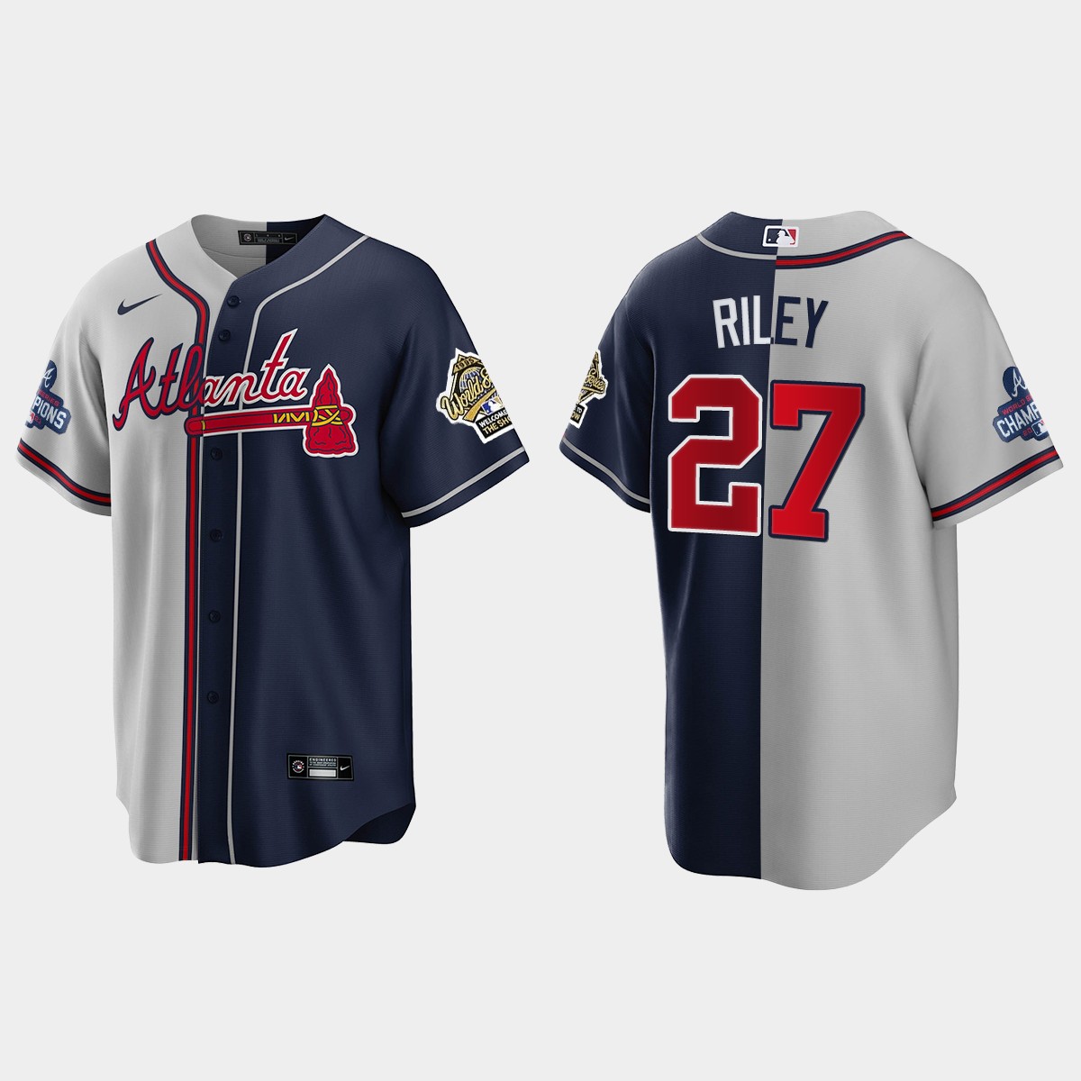 Austin Riley Atlanta Braves 2021 World Series Champions 1995 Throwback Split Jersey - Gray Navy