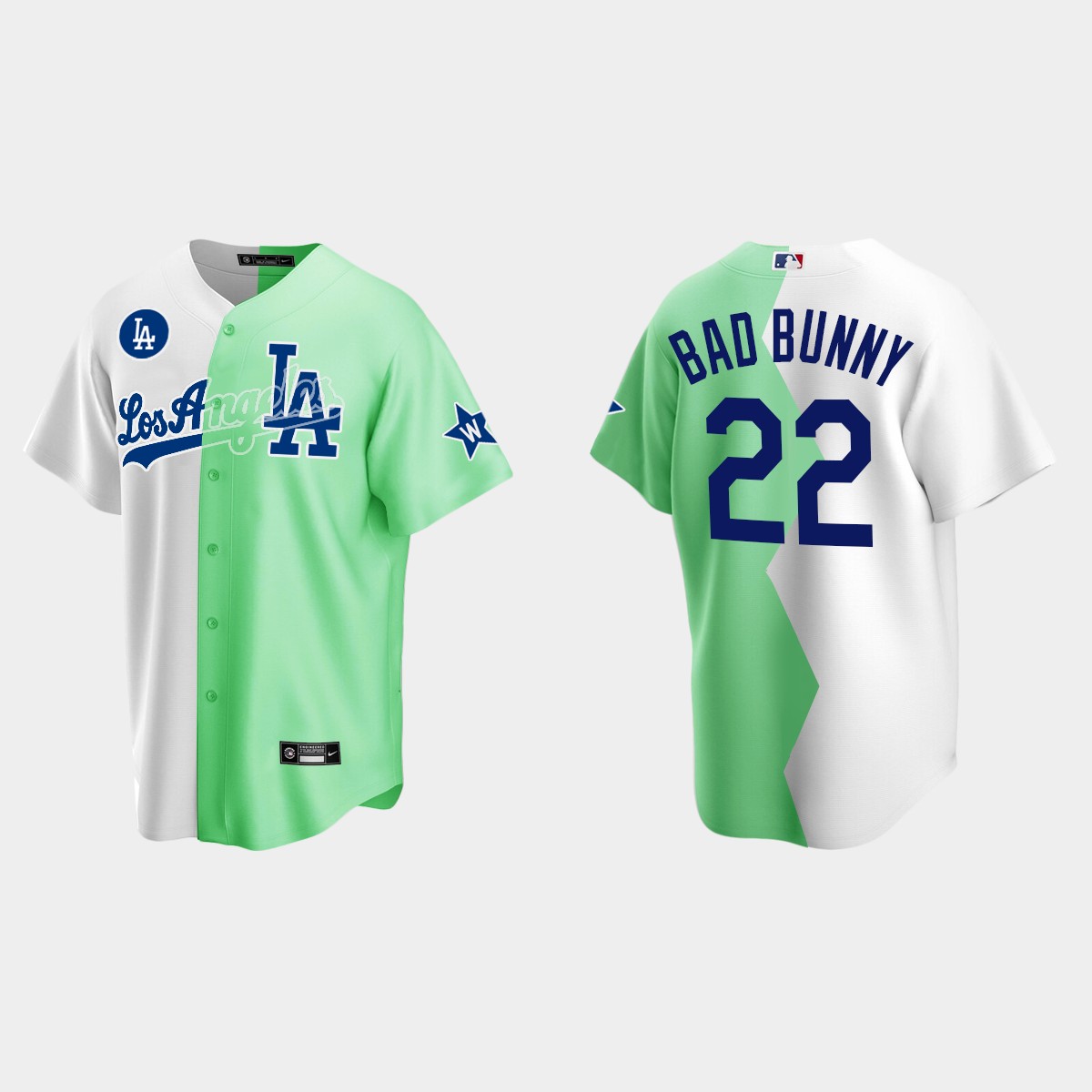 Bad Bunny Los Angeles Dodgers 2022 MLB All-Star Celebrity Softball Game Split Jersey – White Green
