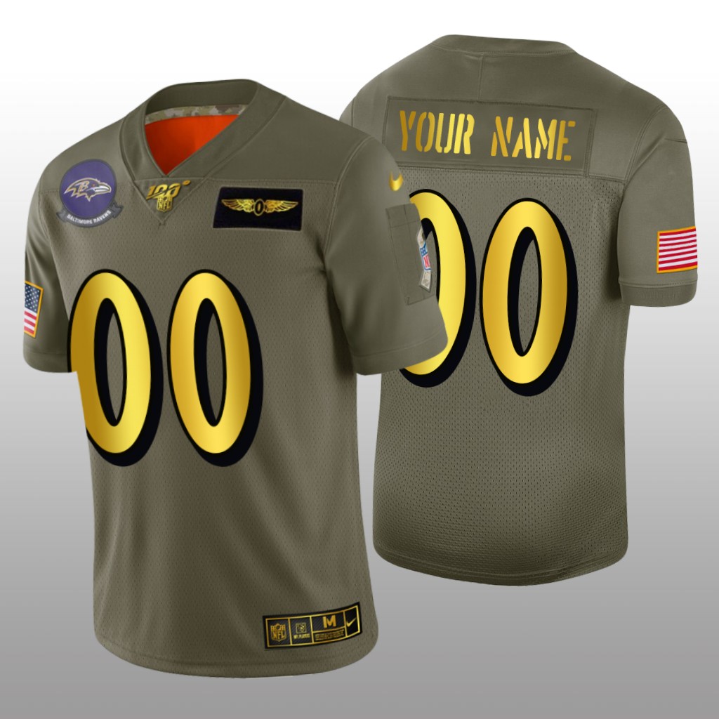 Baltimore Ravens Custom Olive Golden NFL 100 Jersey 2019 Salute to Service - Men's