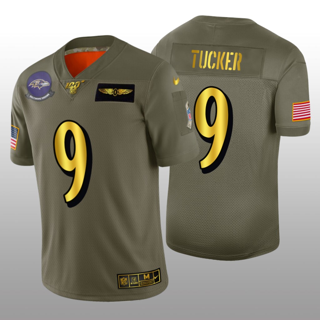 Baltimore Ravens Justin Tucker Olive Golden NFL 100 Jersey 2019 Salute to Service - Men's