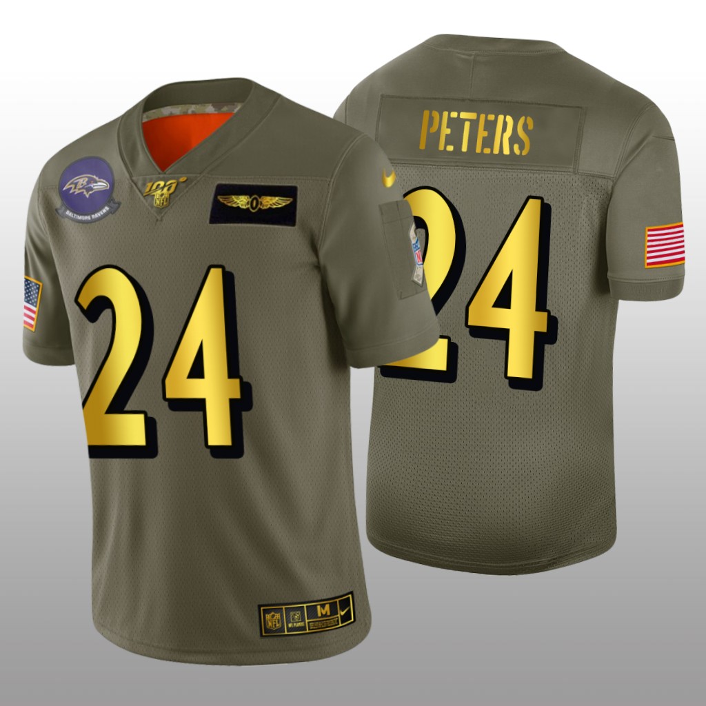 Baltimore Ravens Marcus Peters Olive Golden NFL 100 Jersey 2019 Salute to Service - Men's