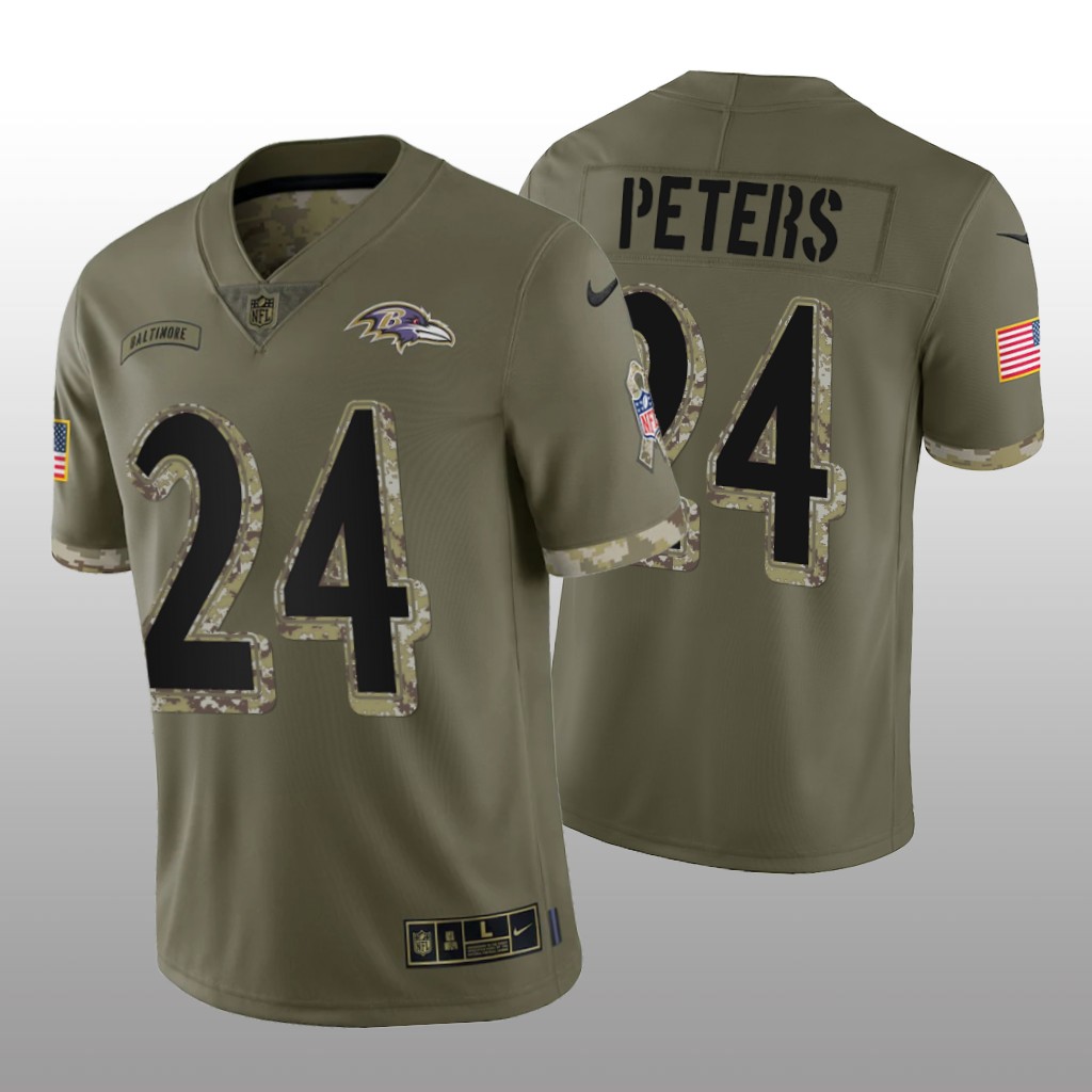 Baltimore Ravens Marcus Peters Olive Jersey 2022 Salute To Service - Men's