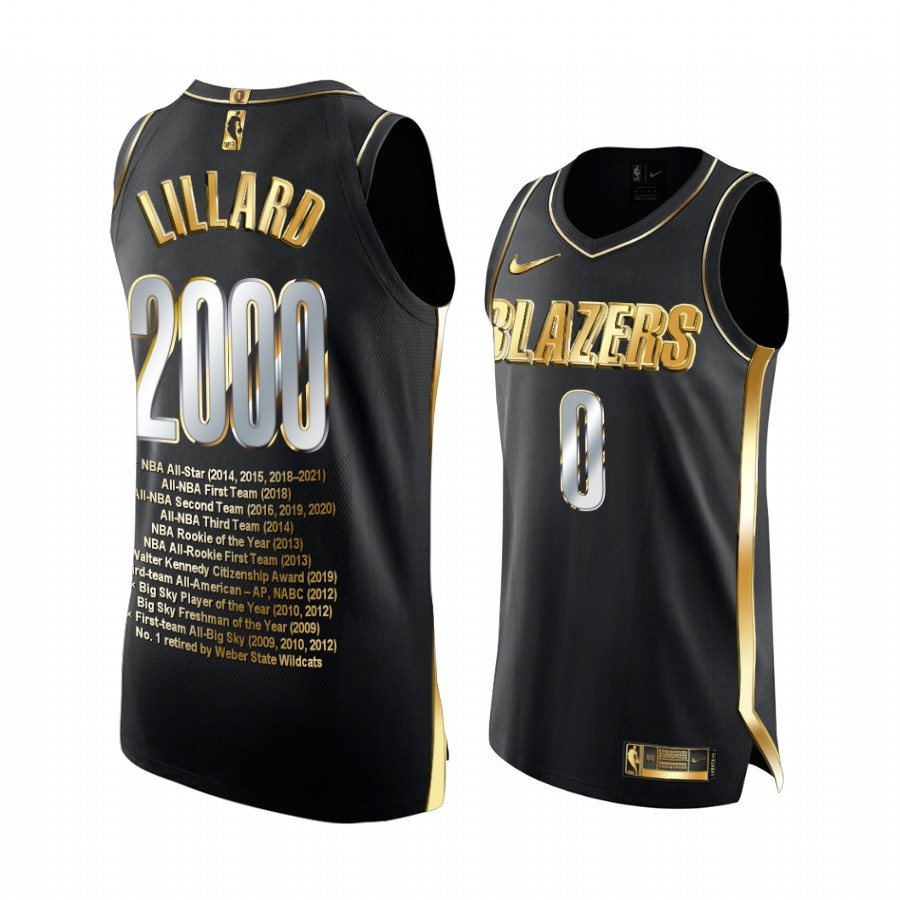 Blazers Damian Lillard Black 2000 Career 3-pointers Golden Limited Jersey