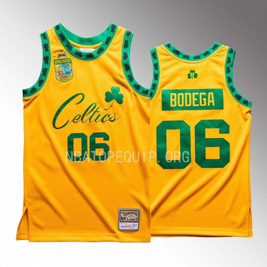 Bodega X Mitchell Ness Boston Celtics #06 Gold Jersey Worldwide Respect