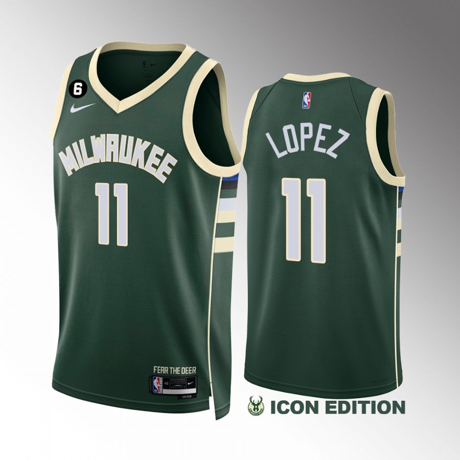 Brook Lopez Milwaukee Bucks #11 Green Jersey 2022-23 Icon Edition NO.6 Patch