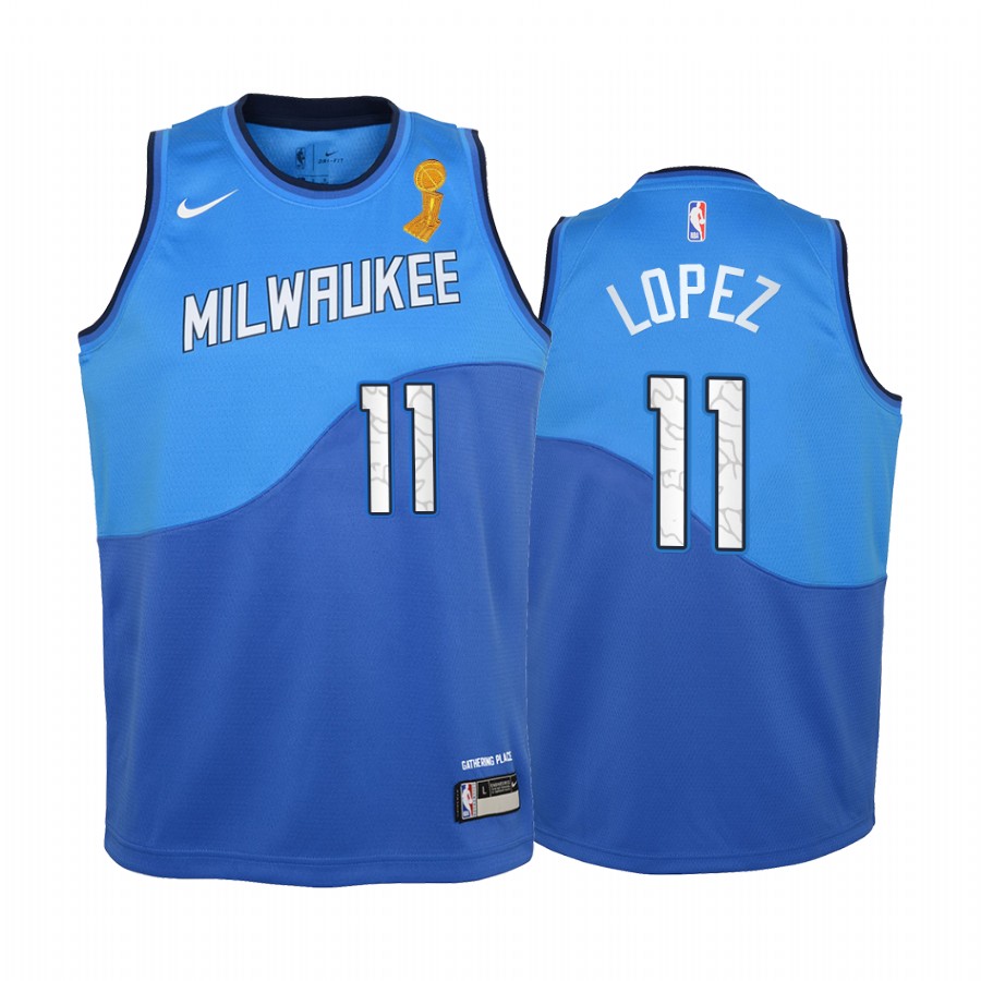 Brook Lopez Milwaukee Bucks Blue 2021 NBA Finals Champions Youth Jersey City Edition