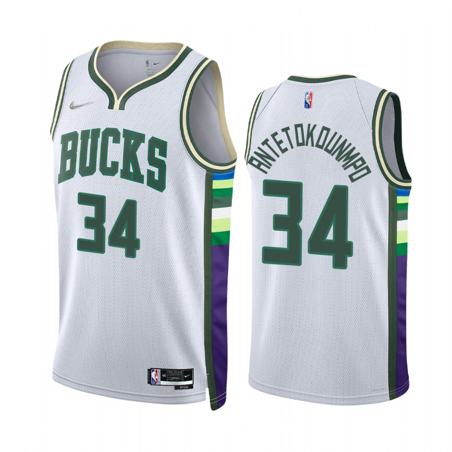 Bucks Giannis Antetokounmpo City Edition White 2021-22 Jersey Diamond 75th Anniversary