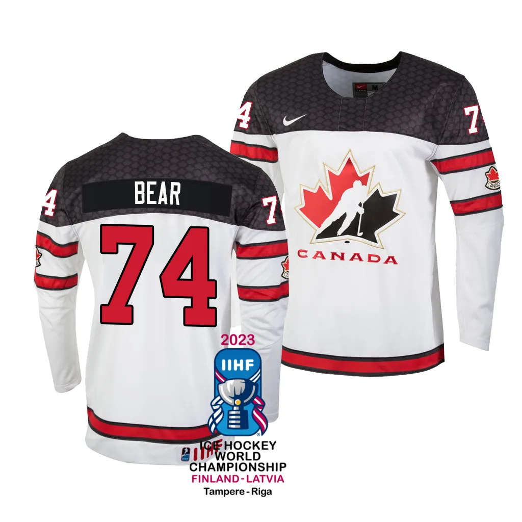 Canada Hockey Ethan Bear #74 White Home Jersey 2023 IIHF World Championship