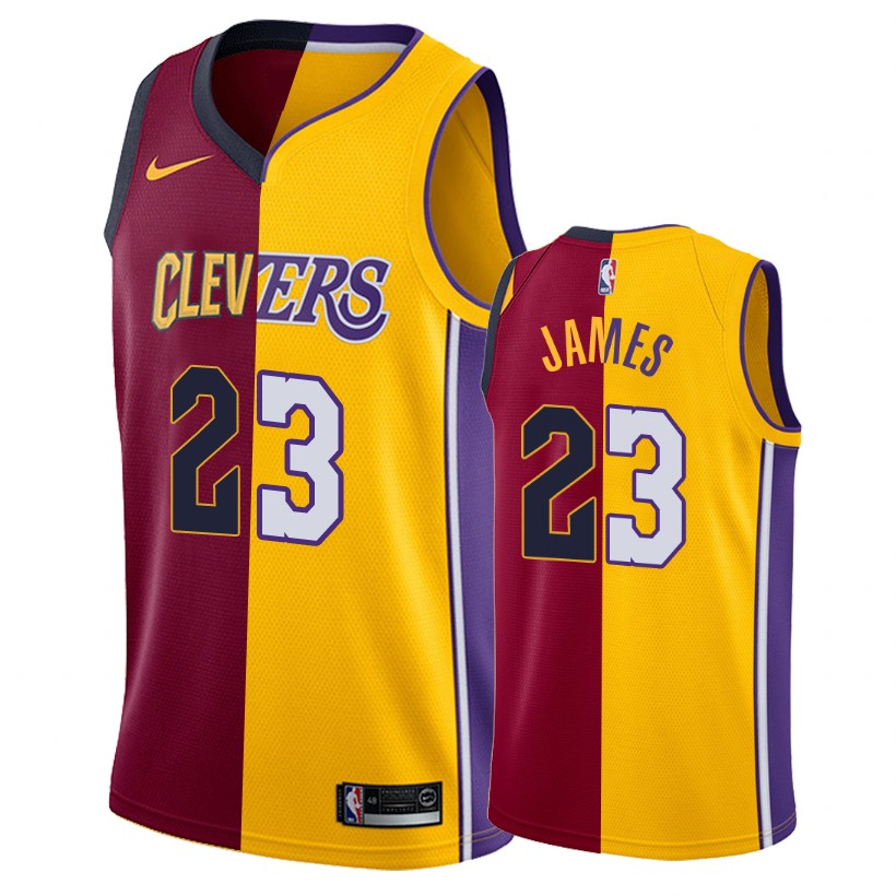 Cavaliers X Lakers LeBron James #23 Rare Split Maroon Gold Jersey