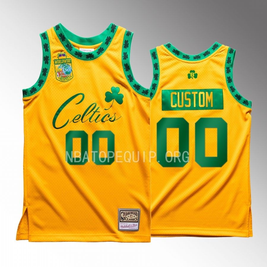 Custom Bodega X Mitchell Ness Boston Celtics #00 Gold Jersey Worldwide Respect
