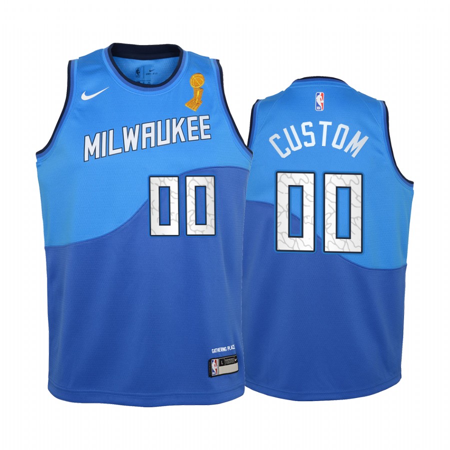 Custom Milwaukee Bucks Blue 2021 NBA Finals Champions Youth Jersey City Edition
