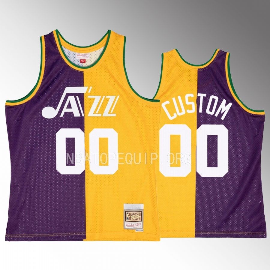 Custom New Orleans Jazz Jersey Hardwood Classics Purple Yellow #00 Split Swingman