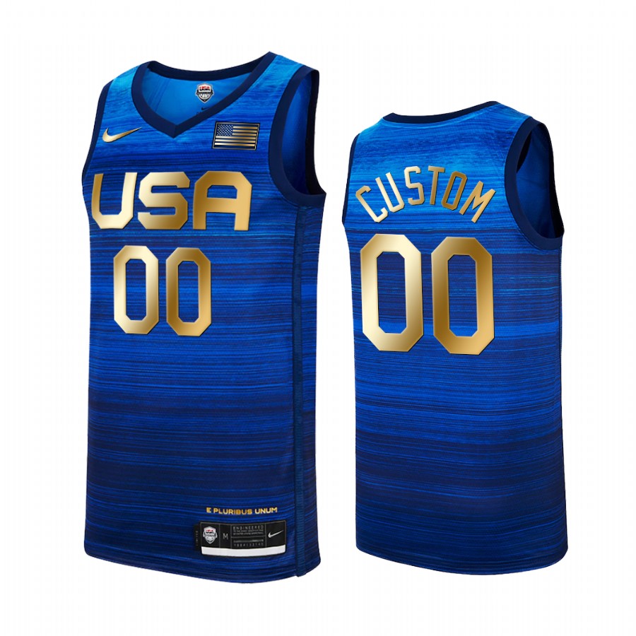 Custom USA  #00 Blue 2021 Tokyo Olymipcs Gold Winner 4 Consecutive Jersey