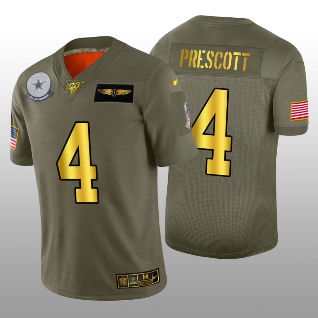 Dallas Cowboys Dak Prescott Olive Golden NFL 100 Jersey 2019 Salute to Service - Men's