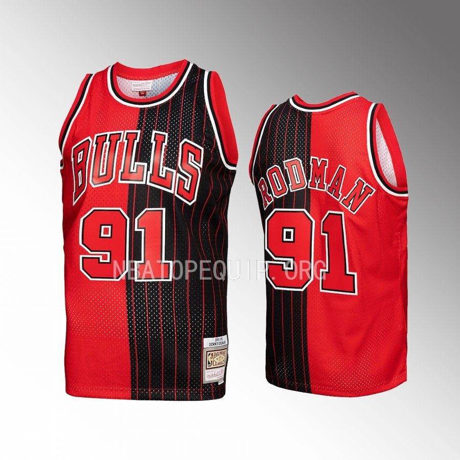 Dennis Rodman Hardwood Classics 1995-96 Jersey Chicago Bulls #91 Red Black Split Swingman Men's Shirt