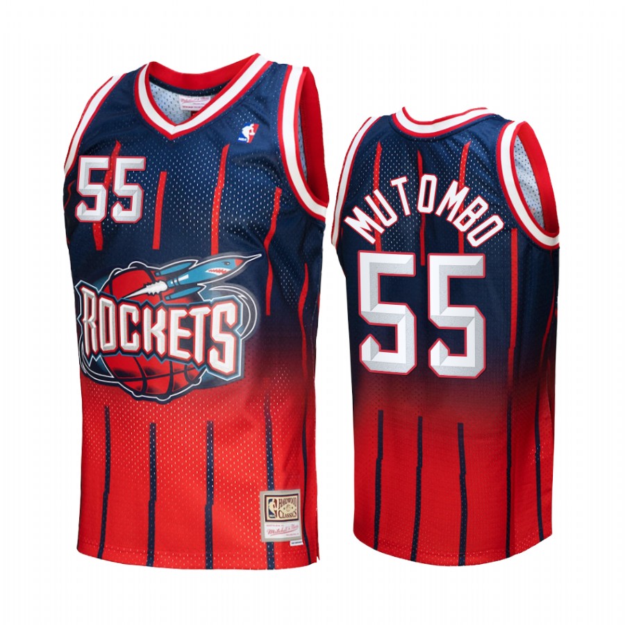Dikembe Mutombo #55 Houston Rockets Fadeaway Red Navy Hardwood Classics Jersey