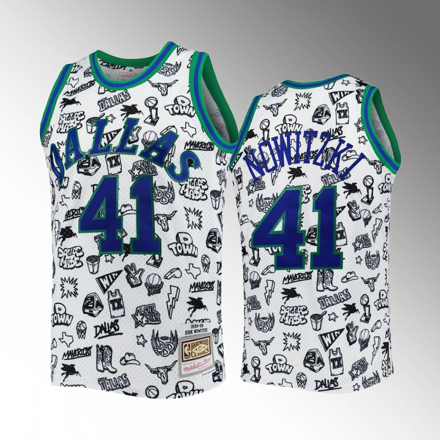 Dirk Nowitzki #41 Dallas Mavericks Doodle White 1998-99 Hardwood Classics Jersey
