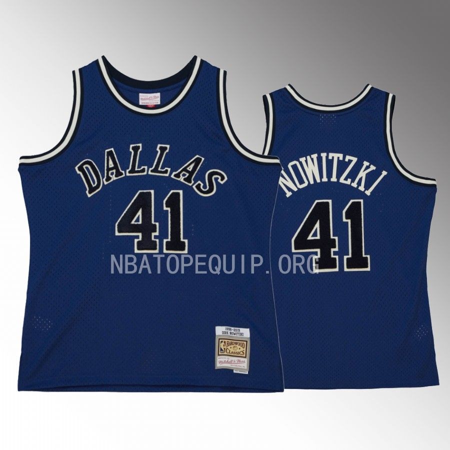 Dirk Nowitzki Dallas Mavericks #41 Off Court Chenille Jersey Blue Hardwood Classics 1998-99 Men