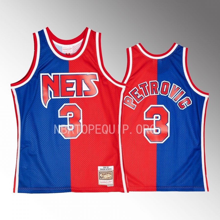 Drazen Petrovic Hardwood Classics 1992-93 Jersey New Jersey Nets #3 Blue Red Split Swingman Men's Shirt