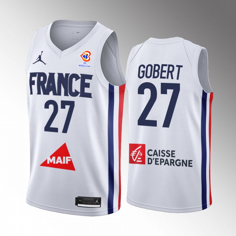 France Team #27 Rudy Gobert 2023 FIBA  World Cup Men Jersey White