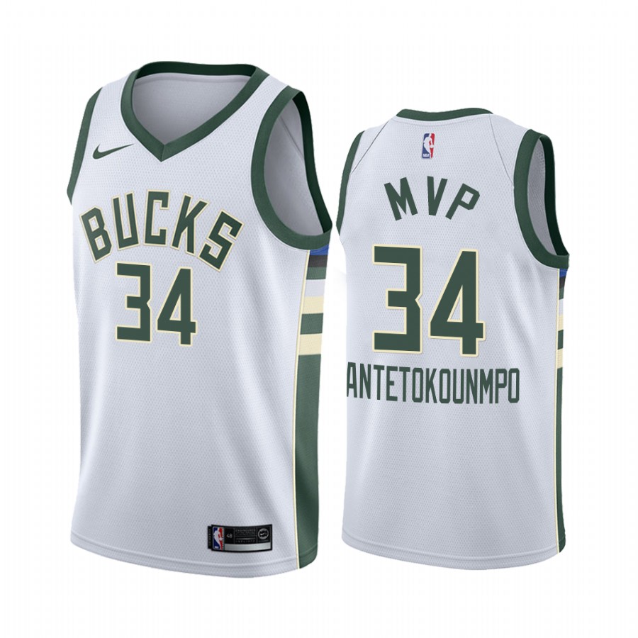 Giannis Antetokounmpo 2 Times MVP Bucks #34 White Association Edition Jersey
