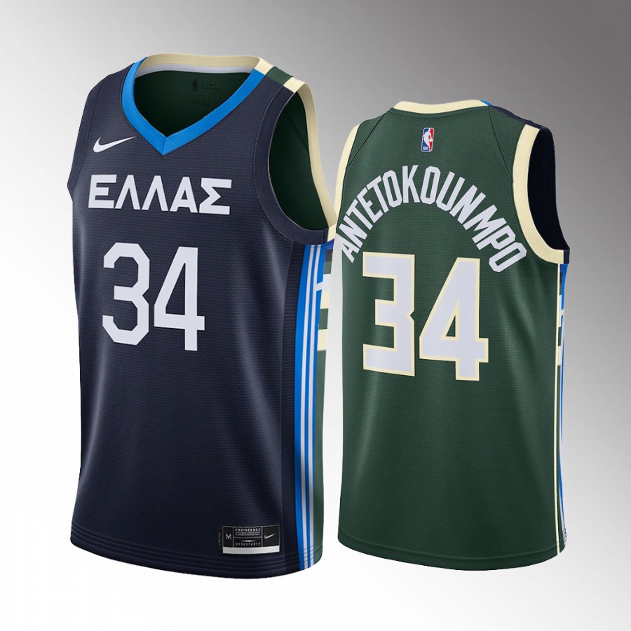 Giannis Antetokounmpo Greece X Bucks #34 Jersey Greek Freak Dual Teams Split Navy Green Apparel