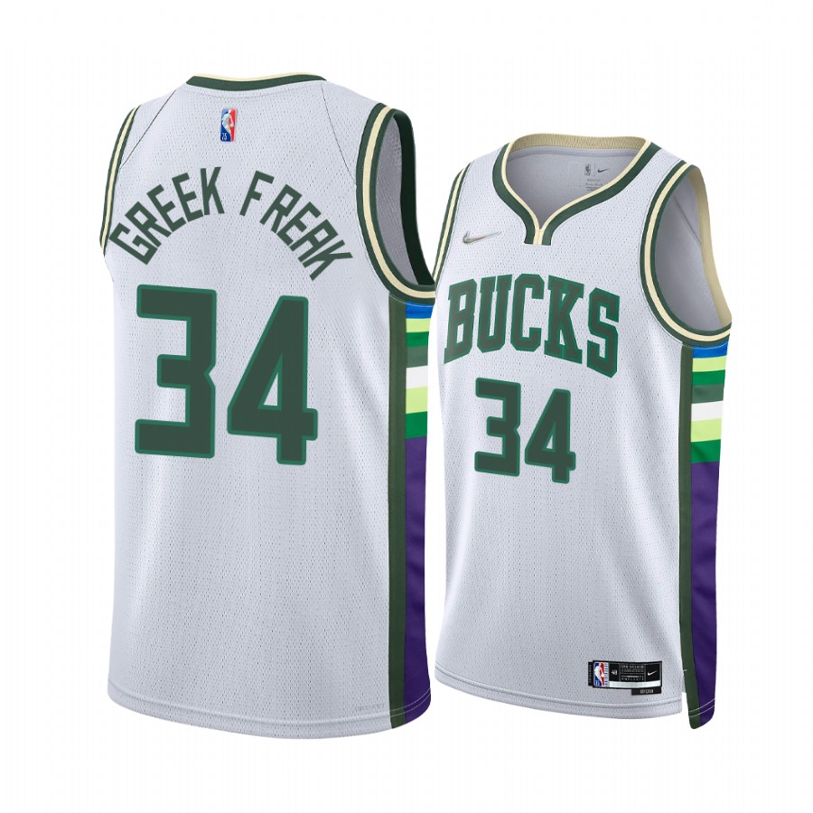 Giannis Antetokounmpo Greek Freak Bucks Nickname Diamond Edition White Jersey 2022
