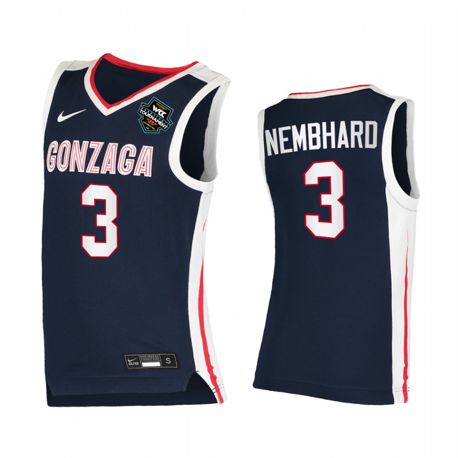 Gonzaga Bulldogs 2021 WCC Mens  Conference Tournament Champions Andrew Nembhard #3 Jersey March Madness Navy Elite
